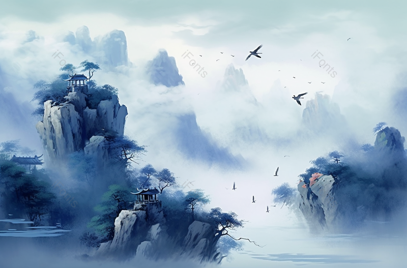 云层小鸟中式蓝色水墨山水画,插画/手绘图,插画/手绘图库,插画/手绘图下载,插画/手绘
